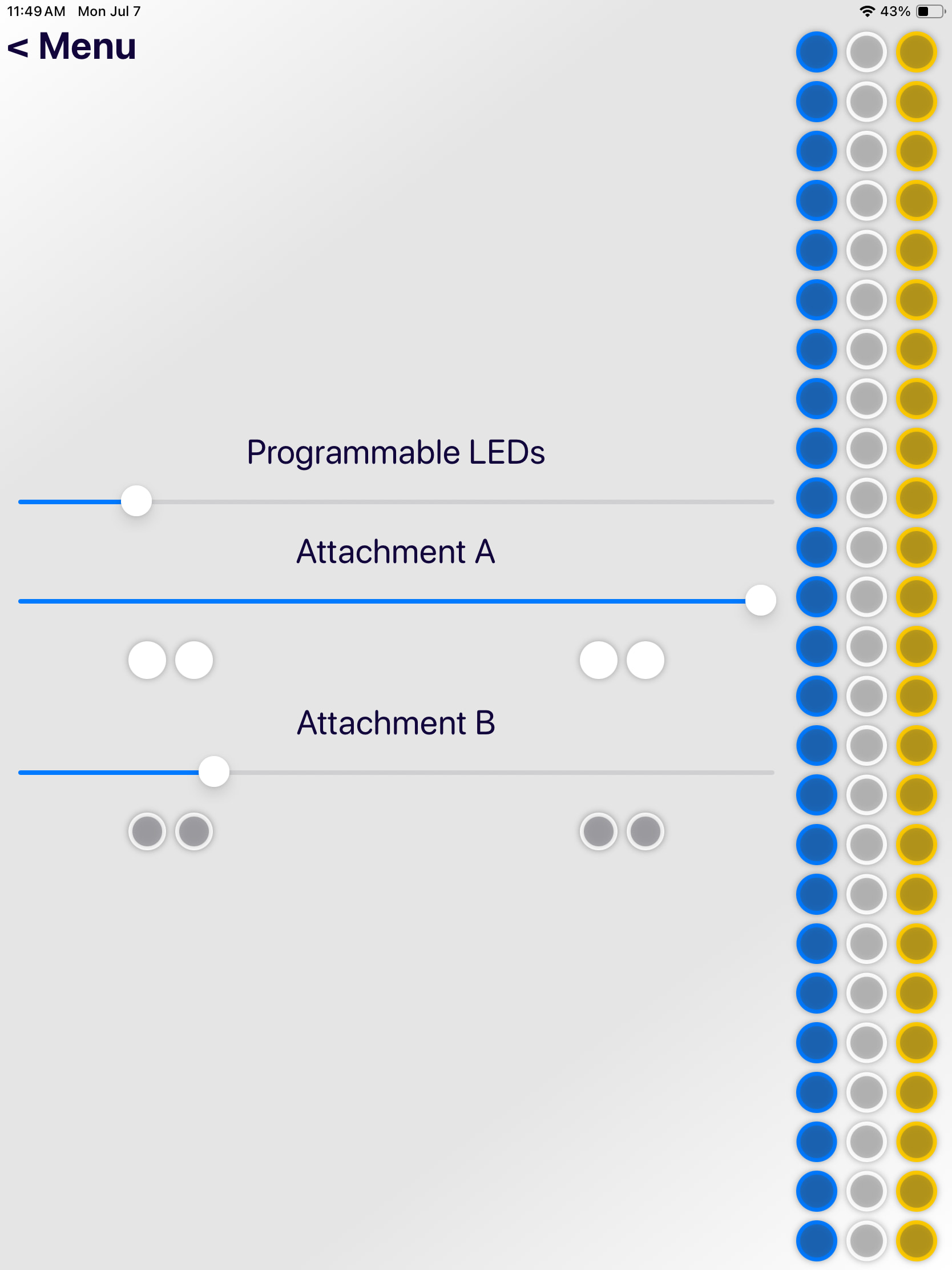 User interface for LED controller hardware light control, allowing brightness adjustments for different components of a physical board, including score displays, environmental ambiance, button backlighting, and attached accessories.