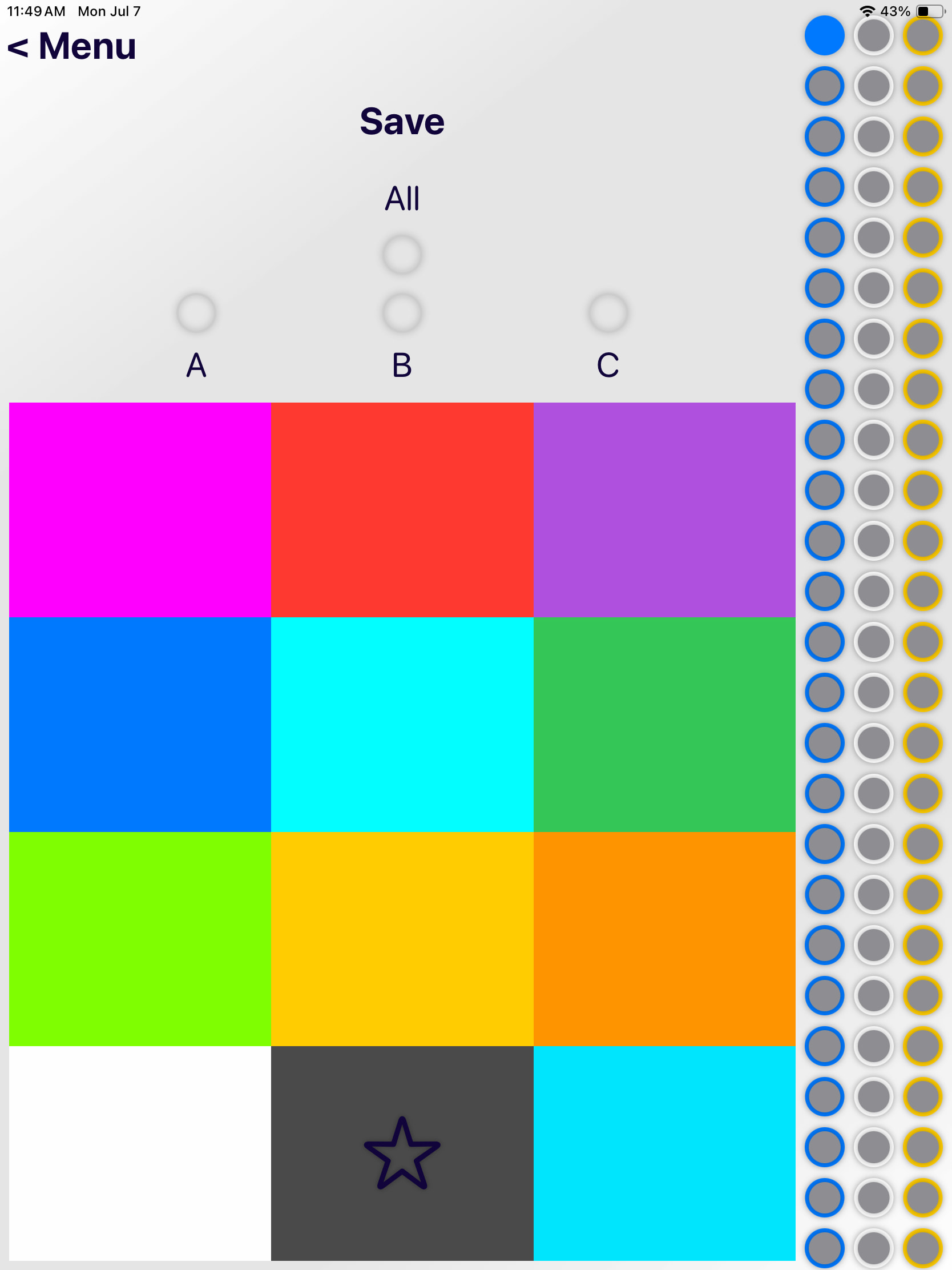 Mobile app interface for granular control of YoreBoard LED Controller colors. The screen presents options to apply color changes to 'Scoring Lights', 'Every 5th Light', or 'Ambient Lights' via radio buttons, or allows direct selection of individual LEDs. A comprehensive palette of preset colors is displayed, alongside a star icon representing the custom color creation option.
