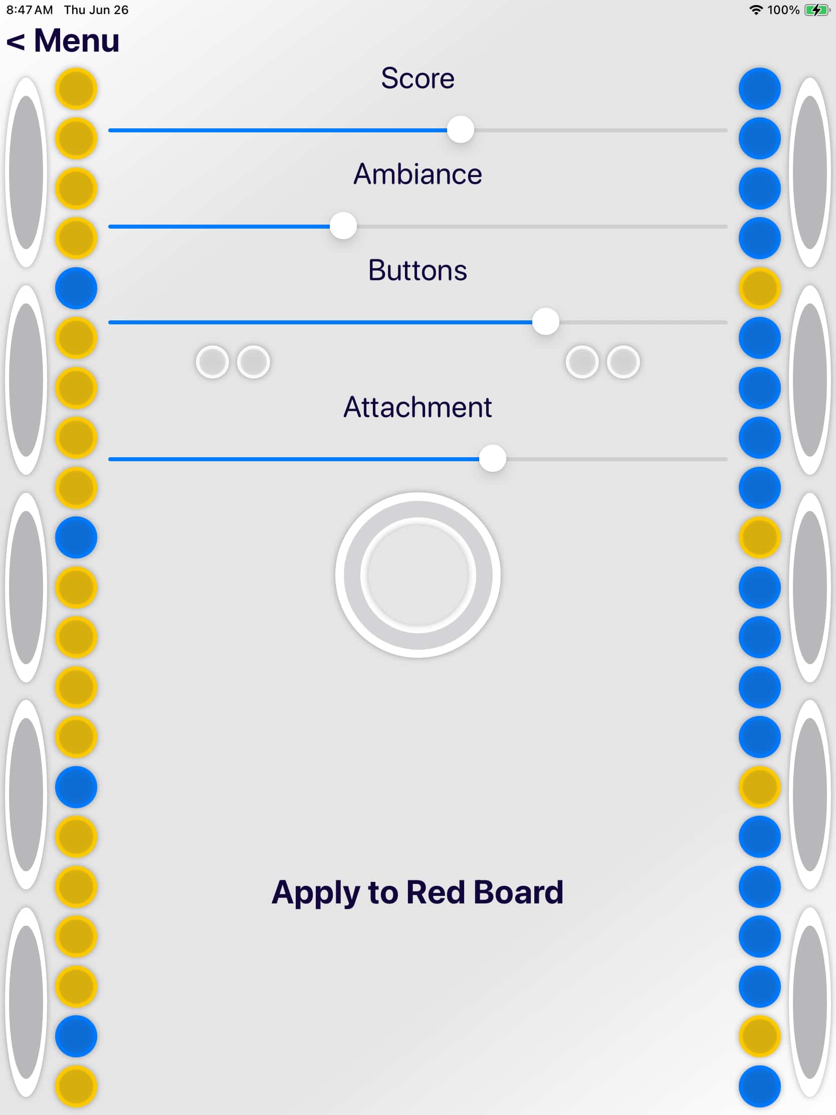 User interface for hardware light control, allowing brightness adjustments for different components of a physical board, including score displays, environmental ambiance, button backlighting, and attached accessories.