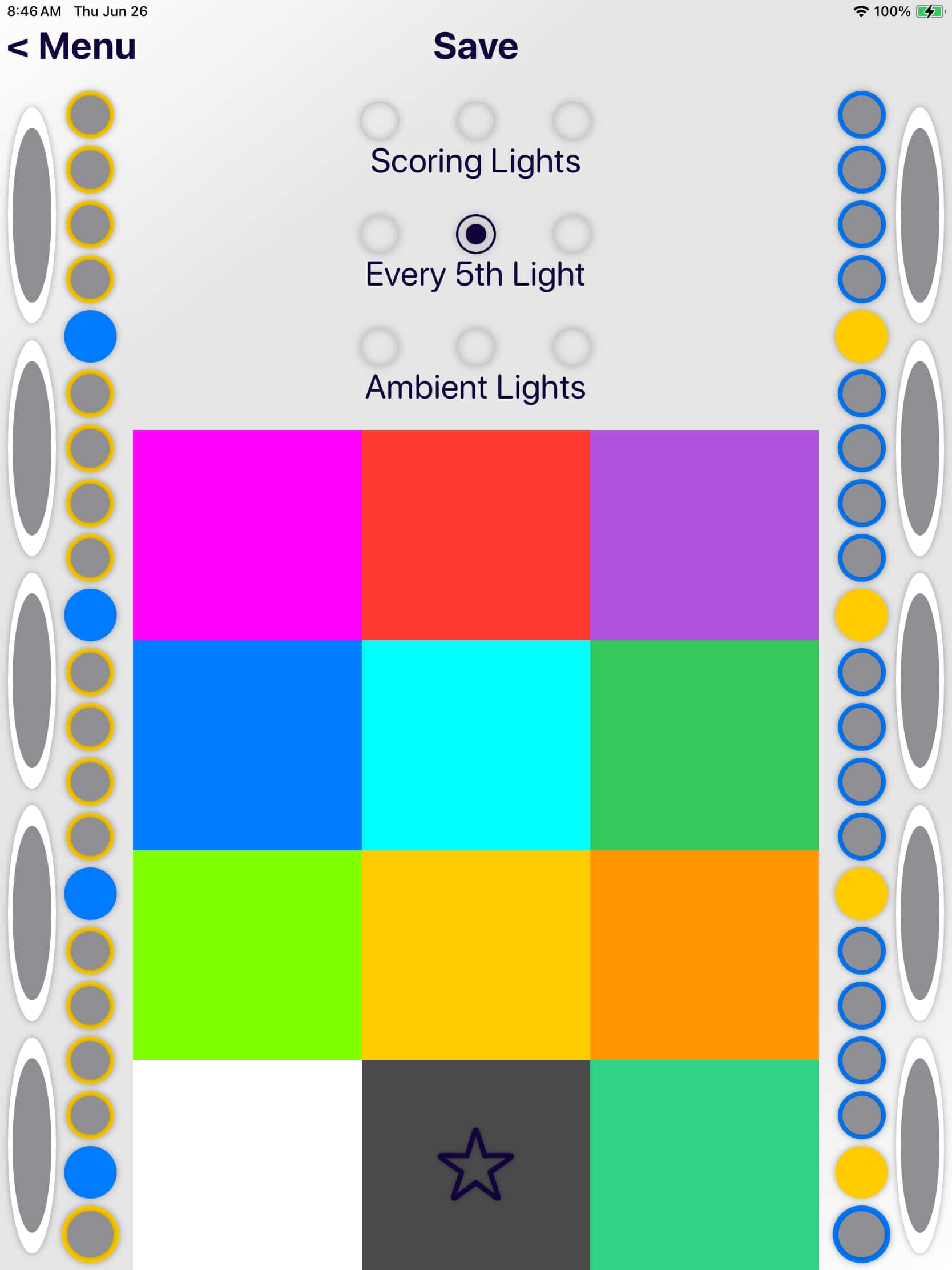 Mobile app interface for granular control of YoreBoard LED colors. The screen presents options to apply color changes to 'Scoring Lights', 'Every 5th Light', or 'Ambient Lights' via radio buttons, or allows direct selection of individual LEDs. A comprehensive palette of preset colors is displayed, alongside a star icon representing the custom color creation option.