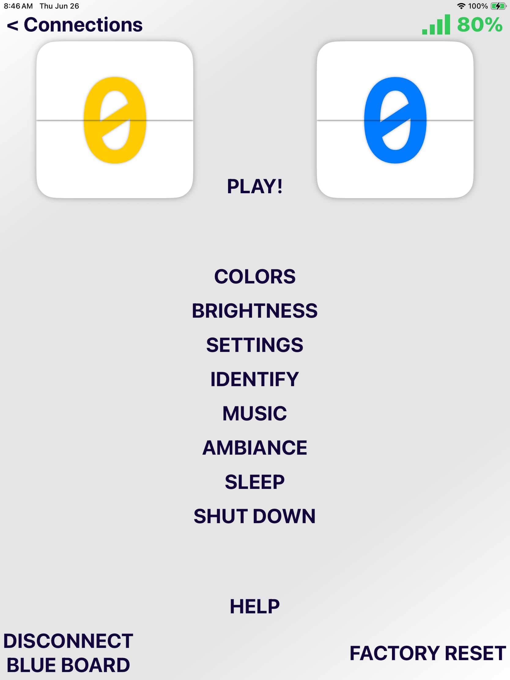 User interface for controlling a smart game board. The screen offers direct access to game play, along with settings for LED colors, light brightness, music playback, environmental ambiance, and device power management, including options to disconnect or factory reset boards.
