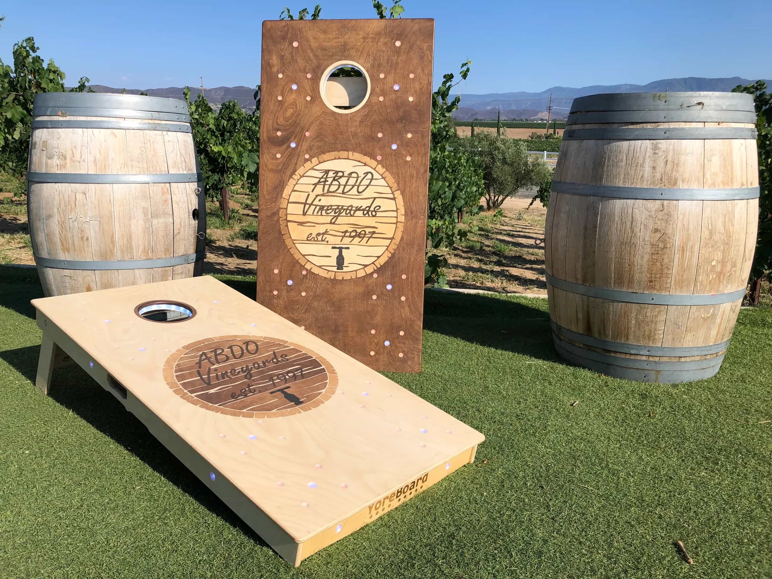 YoreBoard cornhole boards showcasing custom winery branding and elegant design, perfect for vineyard events and hospitality.