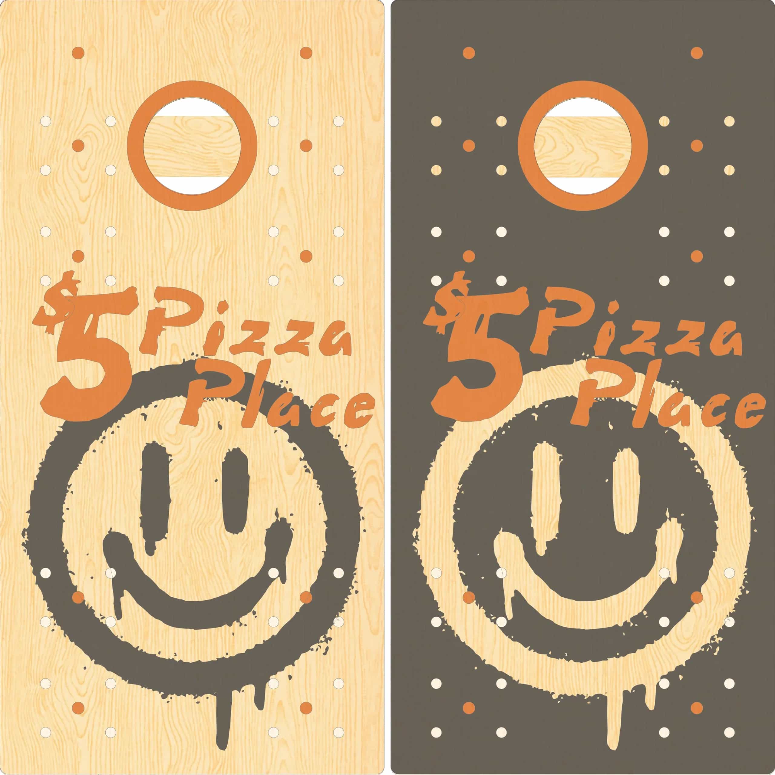 A mock-up of a pair of YoreBoard cornhole boards showcasing the hand-stained '5 Pizza Place' branding with a graffiti-style smiley face, and indicating points for integrated LED scoring.