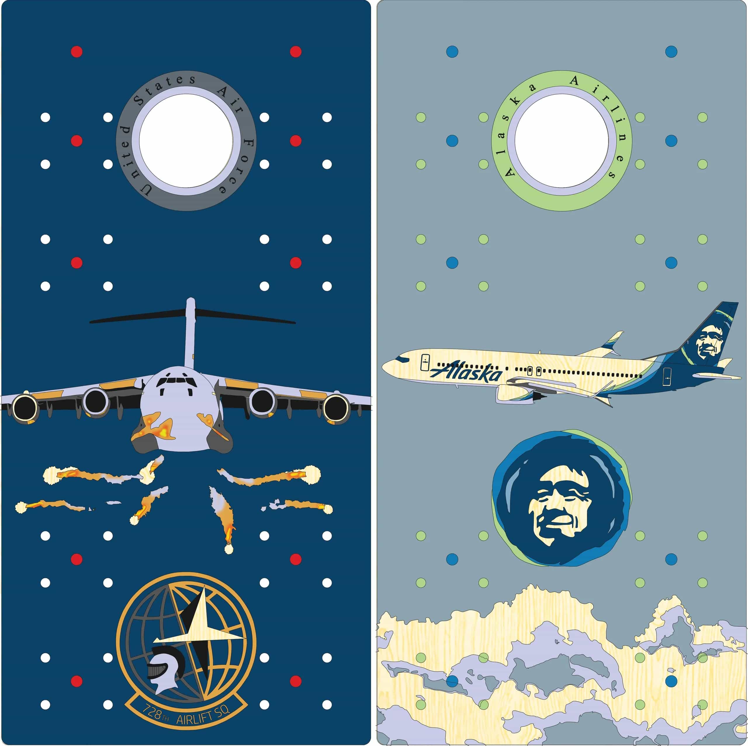 A mock-up showing two YoreBoard cornhole board designs. One is dark blue with a hand-stained C-17 Globemaster III aircraft and Air Force emblems. The other is light blue with a hand-stained Alaska Airlines plane, a pilot's face, and cloud graphics.