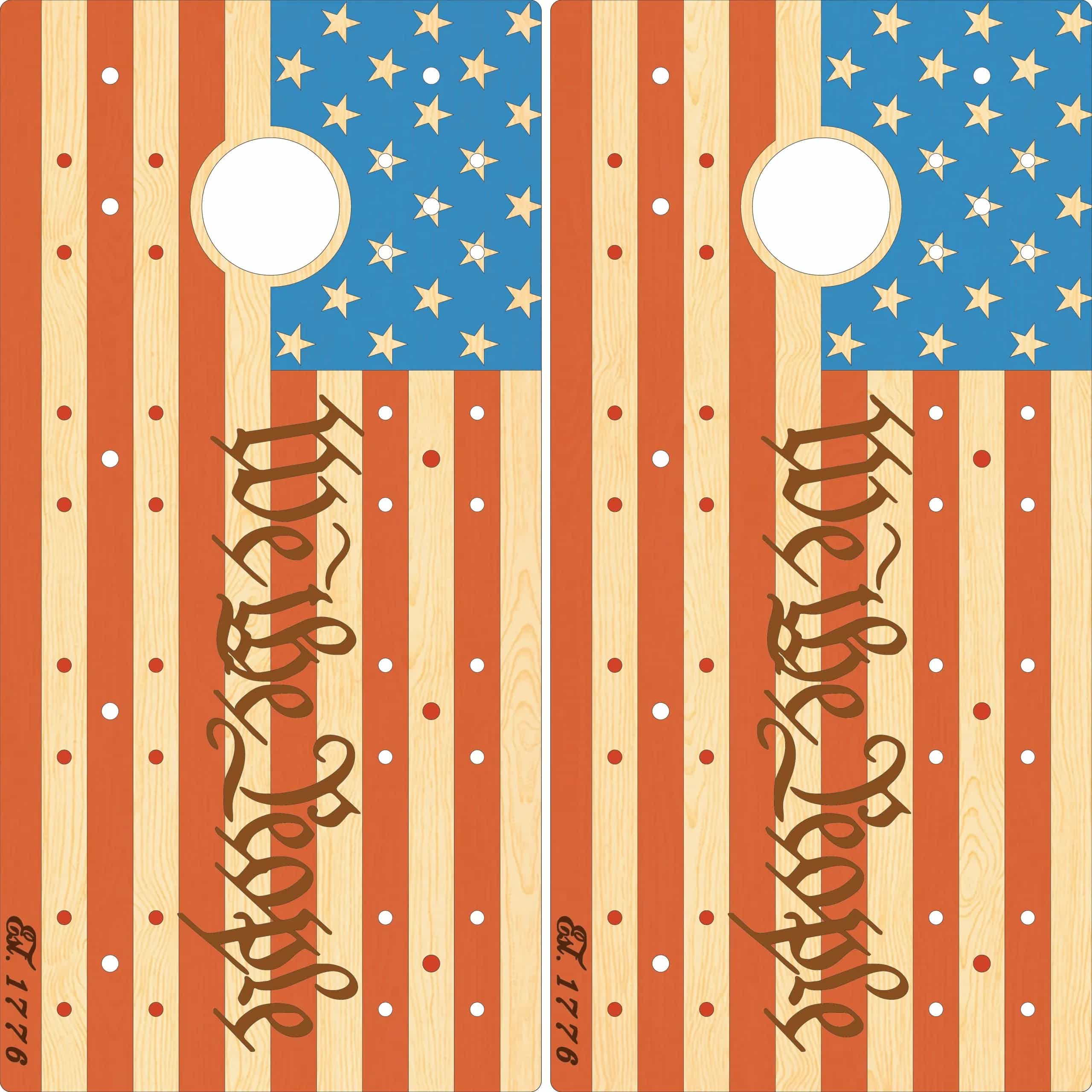 Digital mock-up of a pair of YoreBoard cornhole boards showcasing detailed hand-stained American Flag graphics, including stars, stripes, and historical text.