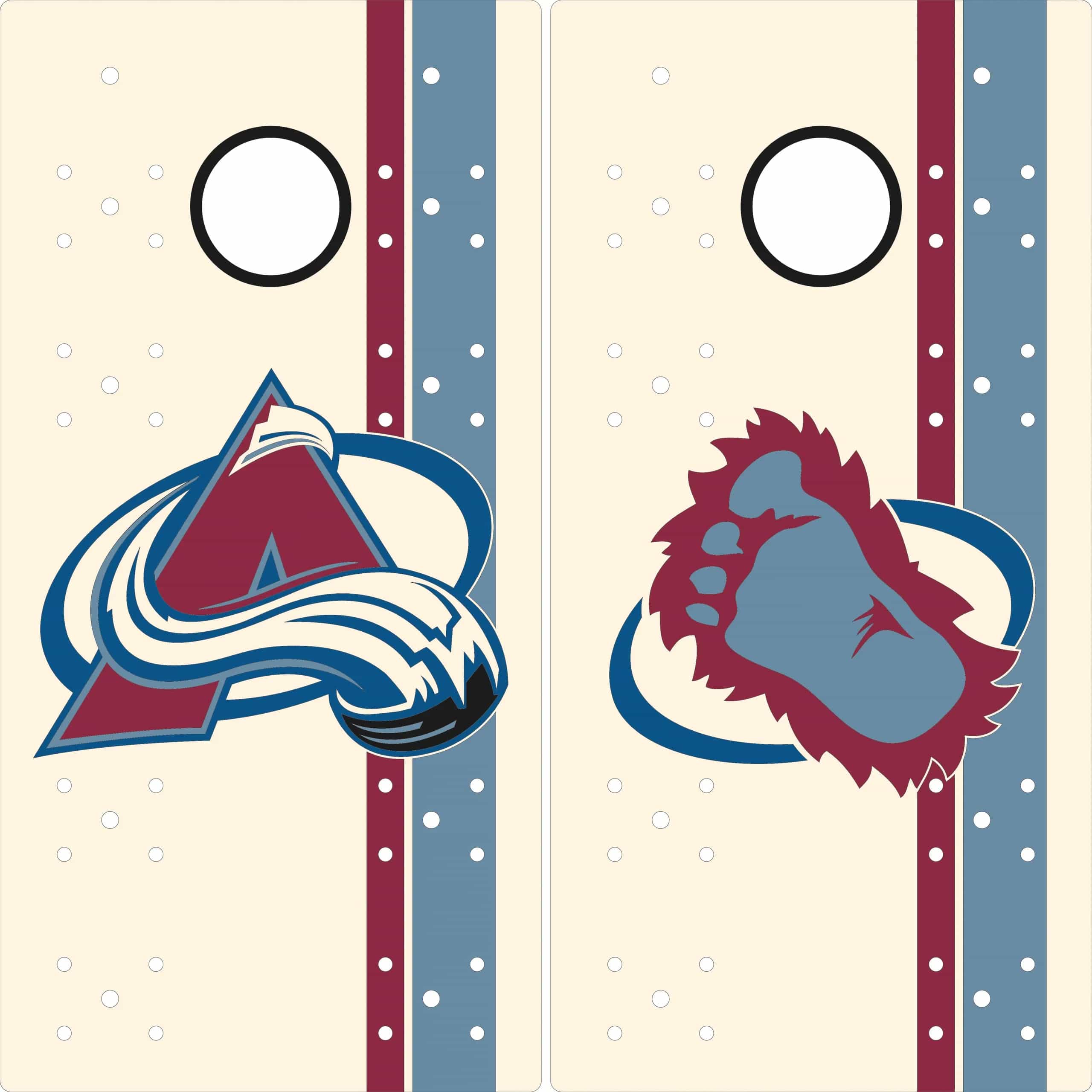 Mock-up of a pair of YoreBoard cornhole boards showcasing detailed hand-stained Colorado Avalanche hockey team graphics.