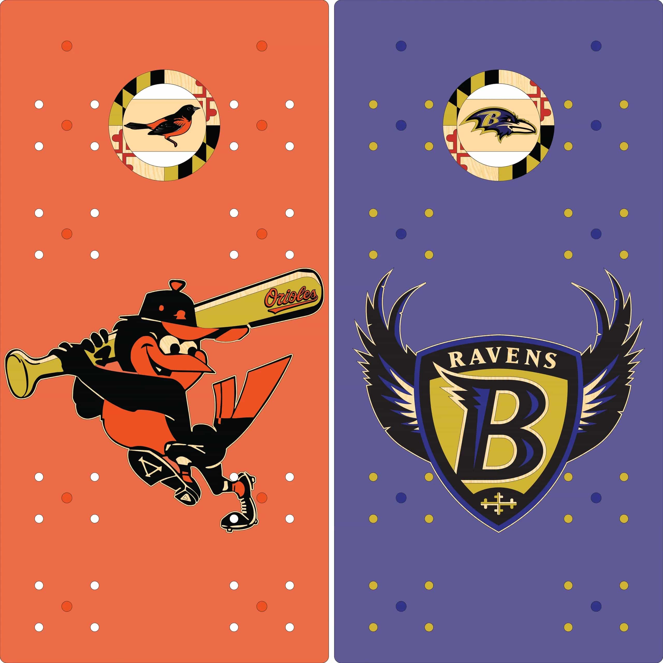 A mock-up showing two YoreBoard cornhole board designs, side-by-side. One is orange with a hand-stained Baltimore Orioles bird mascot. The other is purple with a hand-stained Baltimore Ravens logo.