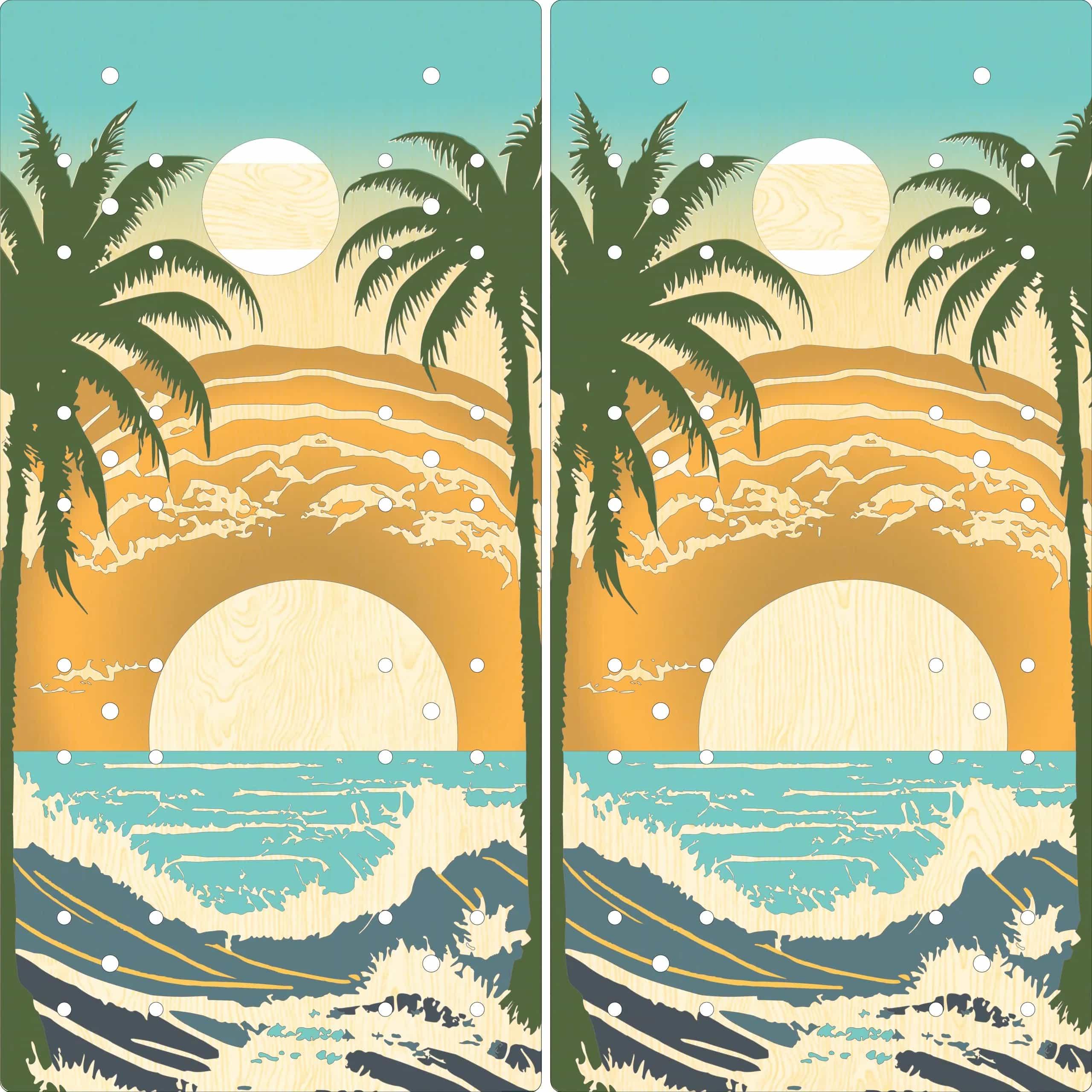 A mock-up showing two YoreBoard cornhole board designs, side-by-side. Both feature a hand-stained vibrant beach sunset scene with a large orange sun, blue ocean waves, and silhouetted palm trees.
