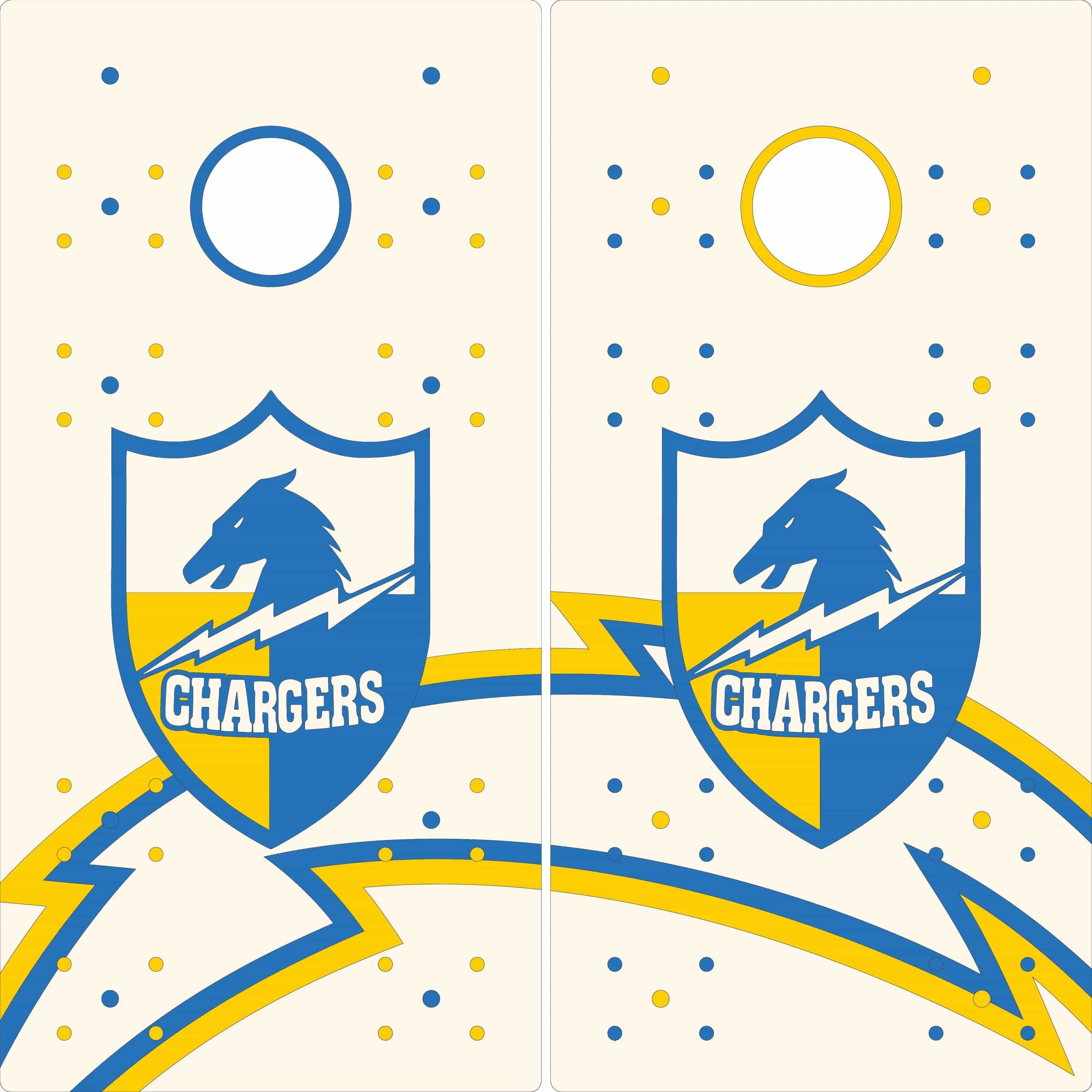 Mock-up of a pair of YoreBoard cornhole boards showcasing detailed hand-stained Los Angeles Chargers football team graphics, with indicators for integrated LED scoring, designed for fans.