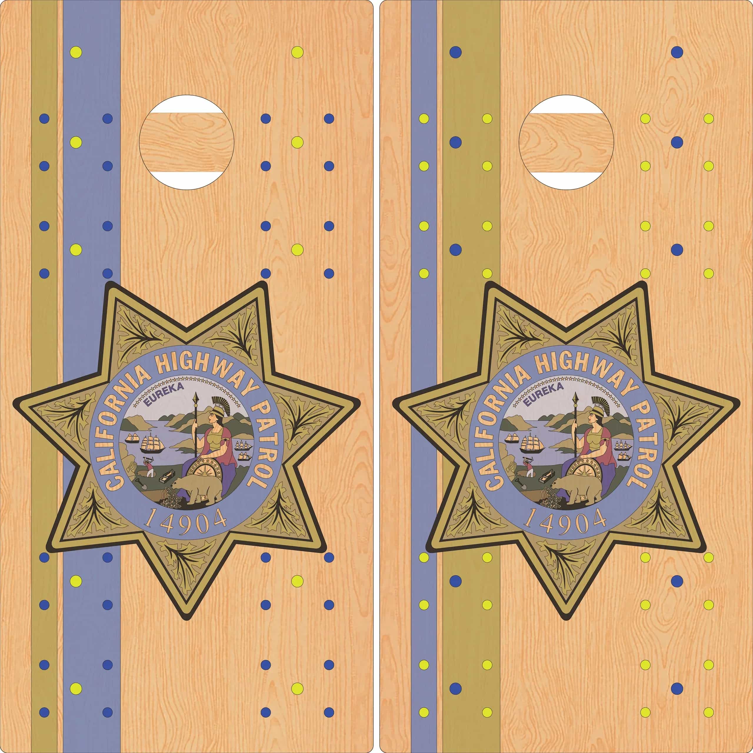 Digital mock-up of a pair of YoreBoard cornhole boards showcasing detailed hand-stained California Highway Patrol emblems.