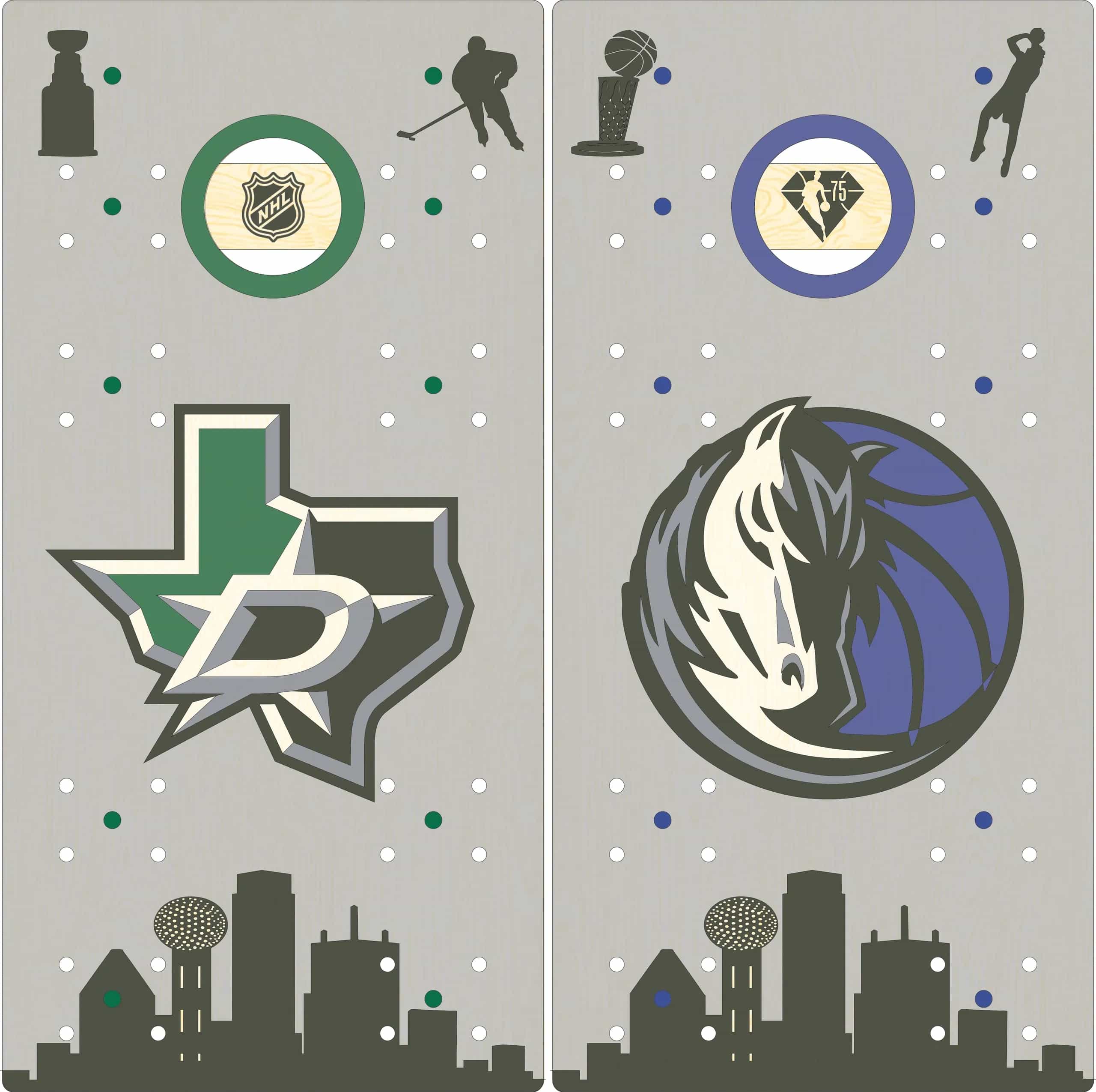 Digital mock-up of a pair of YoreBoard cornhole boards showcasing detailed hand-stained Dallas sports team graphics and city landmarks.
