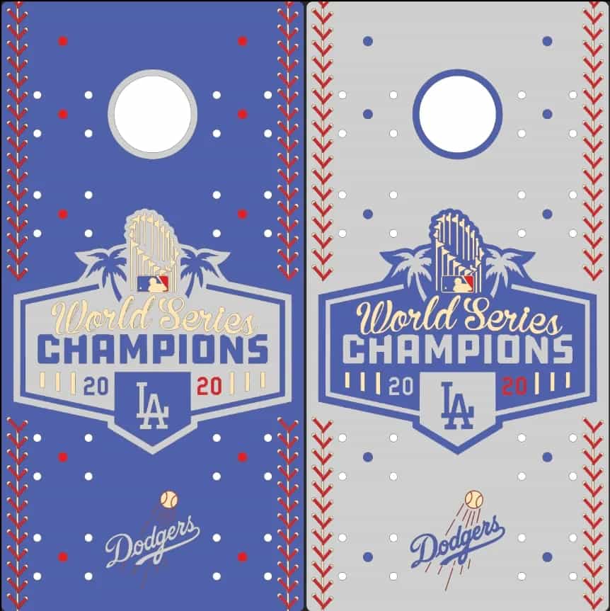 Mock-up of a pair of YoreBoard cornhole boards showcasing detailed hand-stained LA Dodgers World Series Champions graphics.