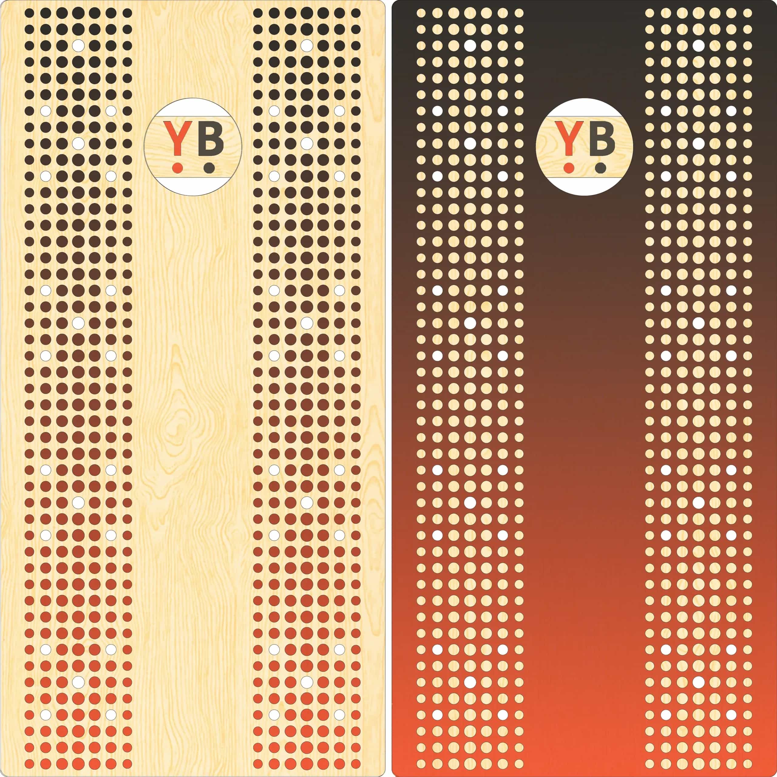 Mock-up of a pair of YoreBoard cornhole boards showcasing a modern, hand-stained dotted design with a color gradient.
