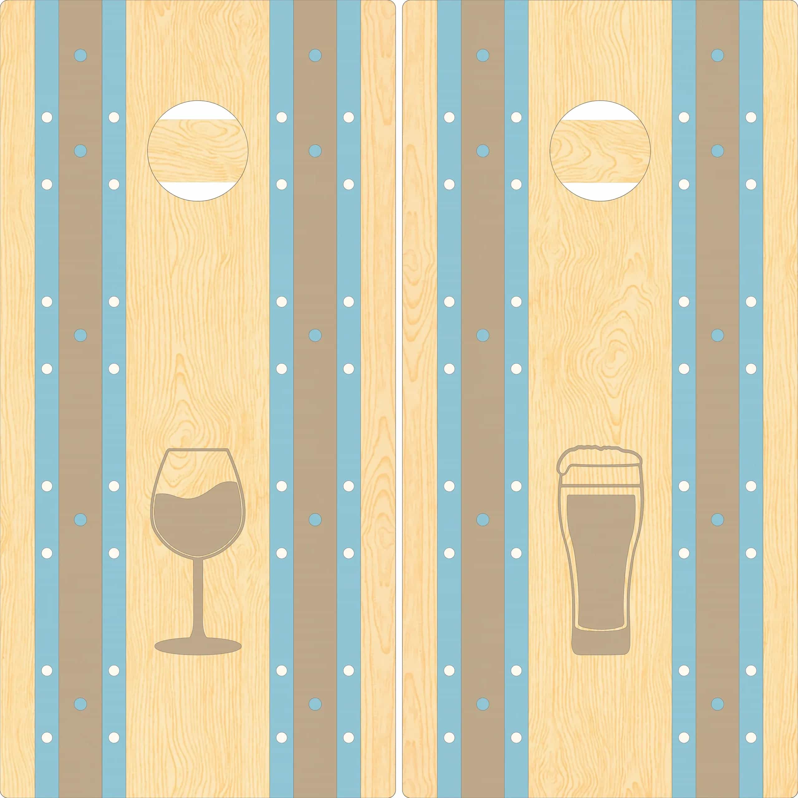 Digital mock-up of a pair of YoreBoard cornhole boards showcasing detailed hand-stained beverage graphics.