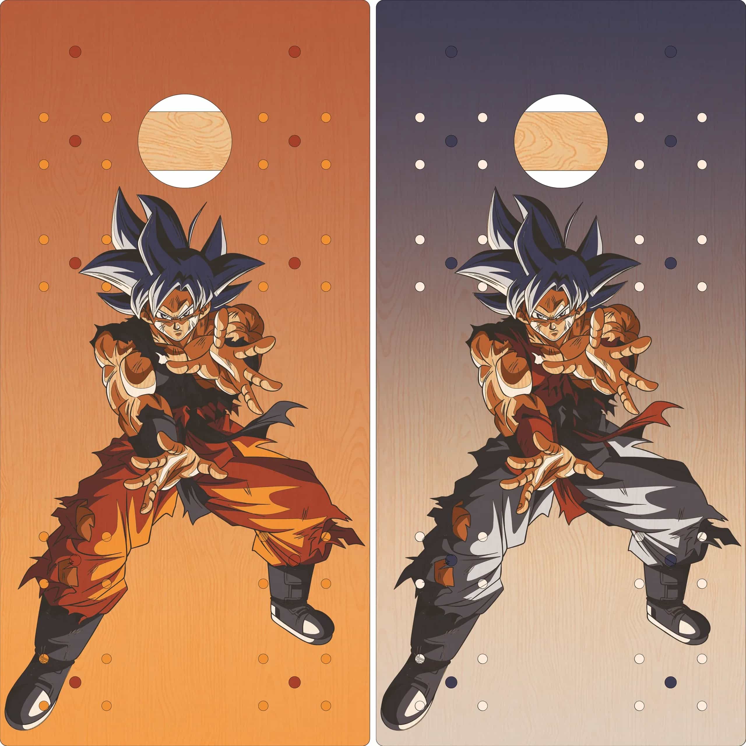 Mock-up showing two YoreBoard cornhole board designs, side-by-side. Both feature a hand-stained image of Goku in an action pose, with a gradient background.