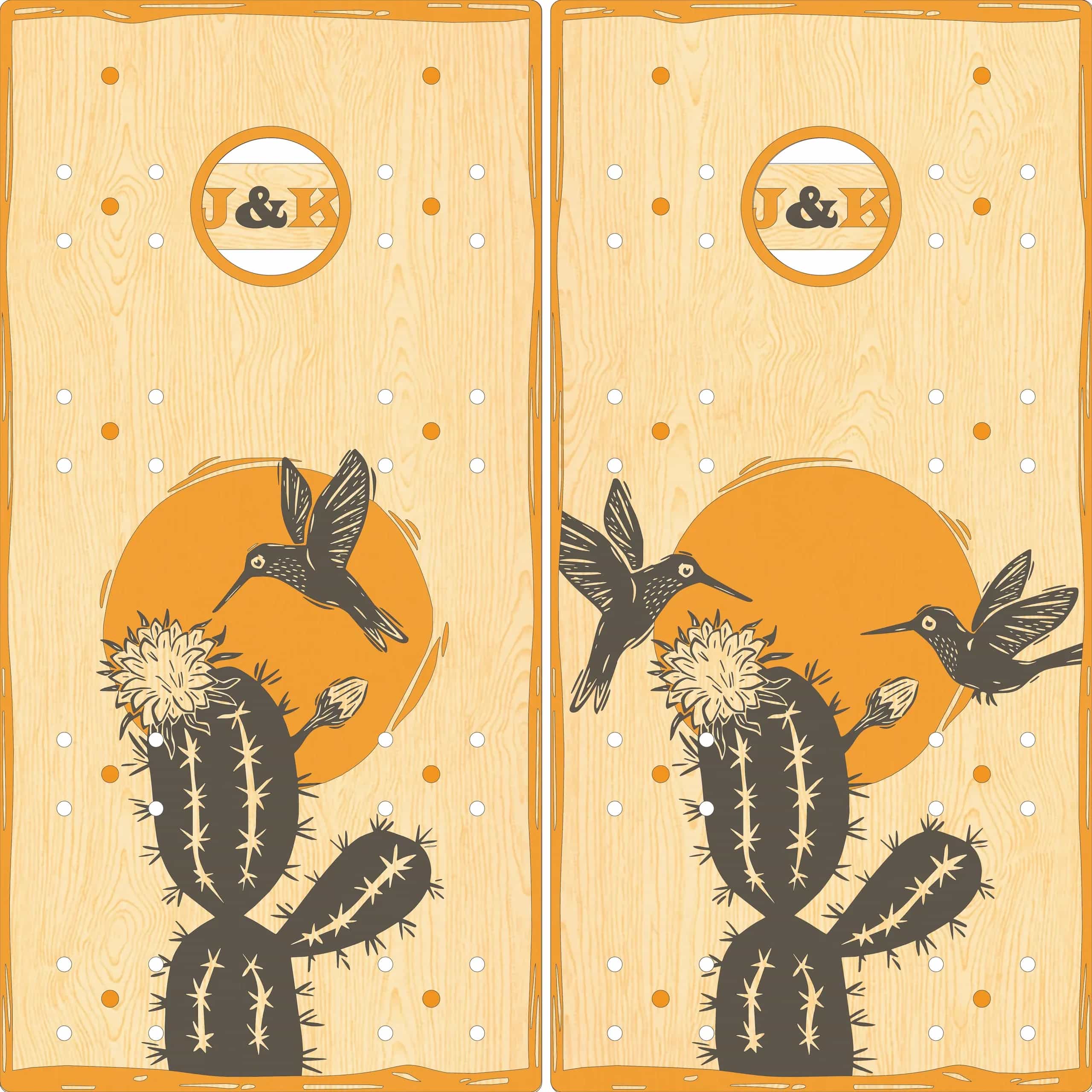 Mock-up of two YoreBoard cornhole board designs with hand-stained hummingbirds and cacti.
