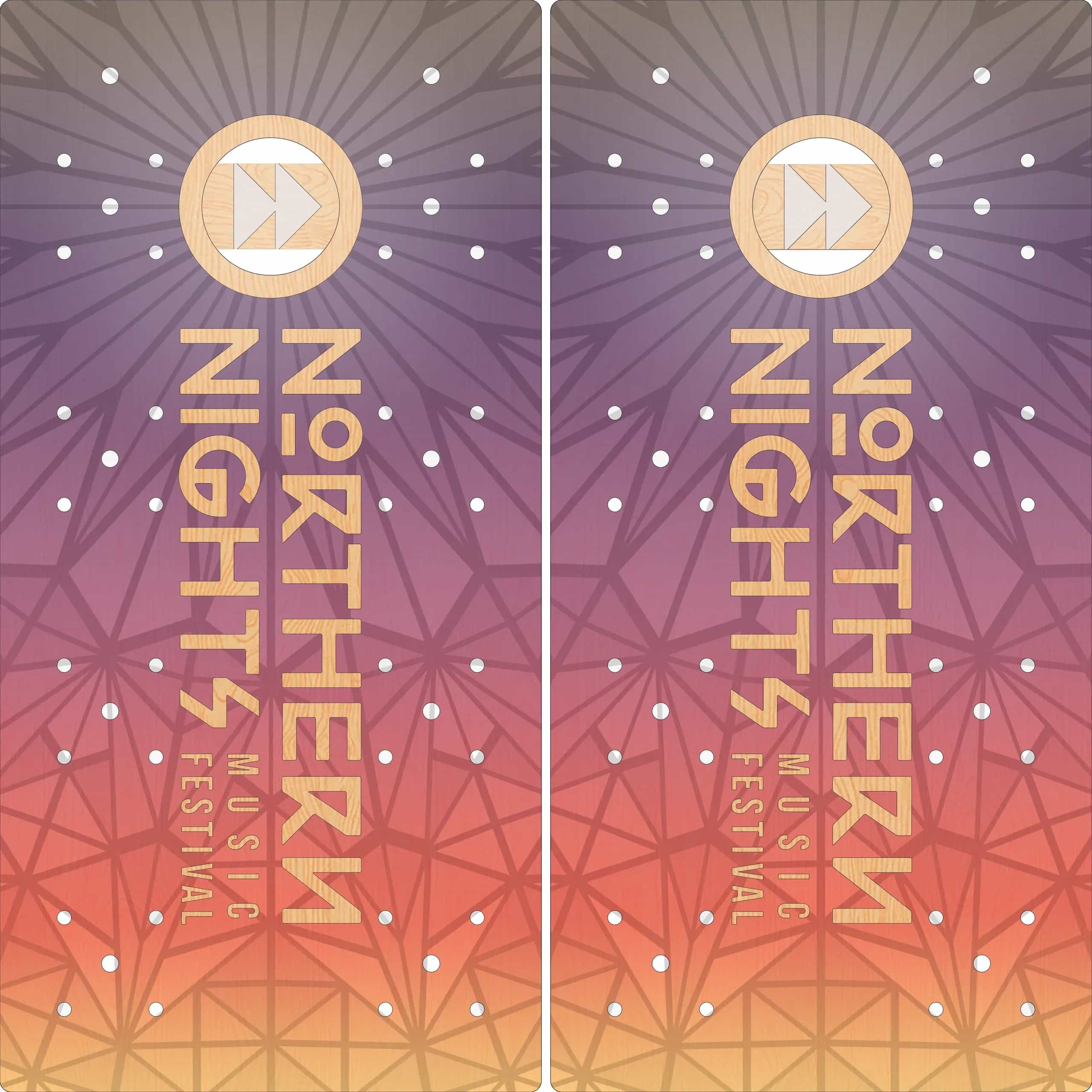 Mock-up of a pair of YoreBoard cornhole boards showcasing vibrant and intricate hand-stained festival artwork with a radial burst design.