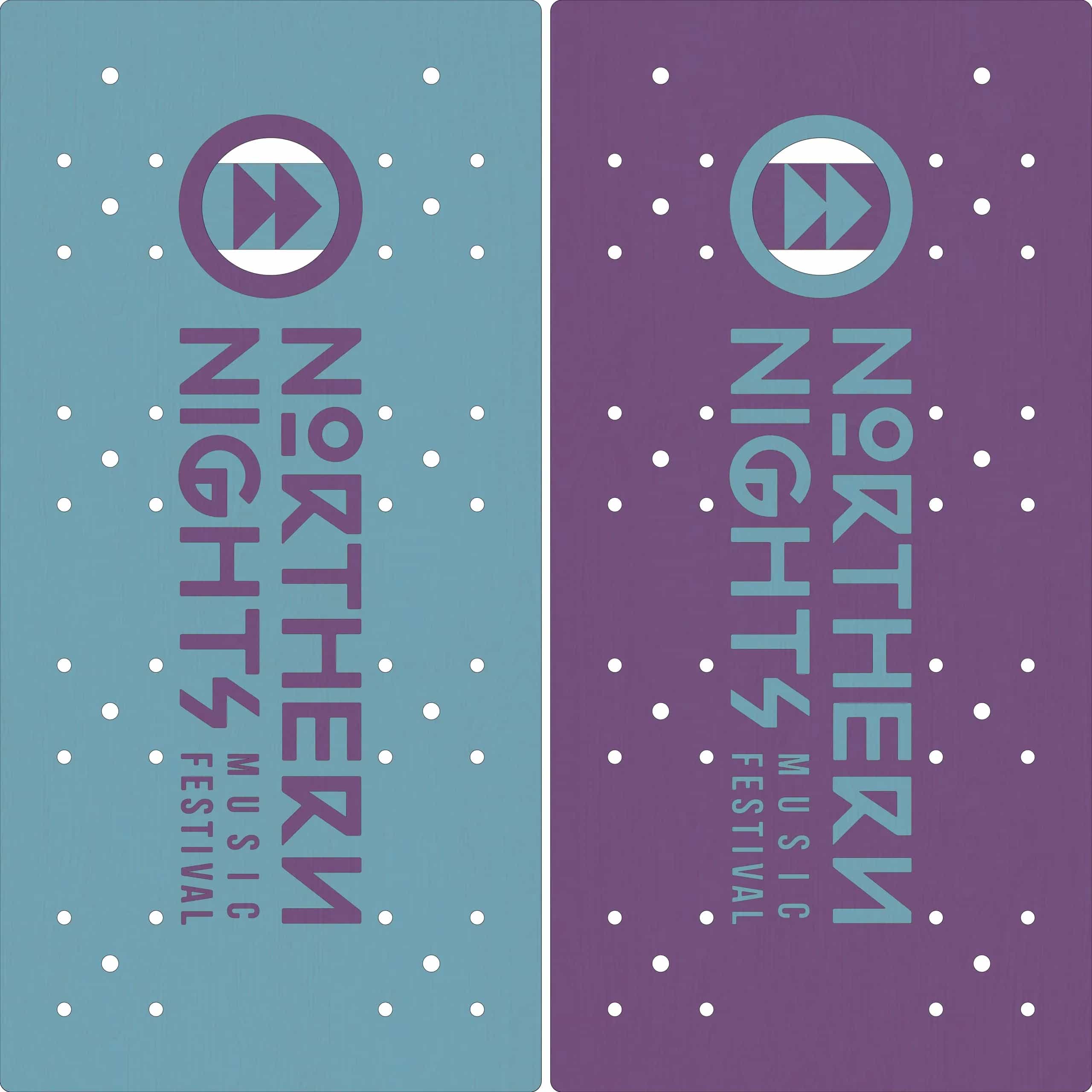Mock-up of two YoreBoard cornhole board designs with hand-stained 'Northern Nights Music Festival' branding on blue and purple backgrounds.