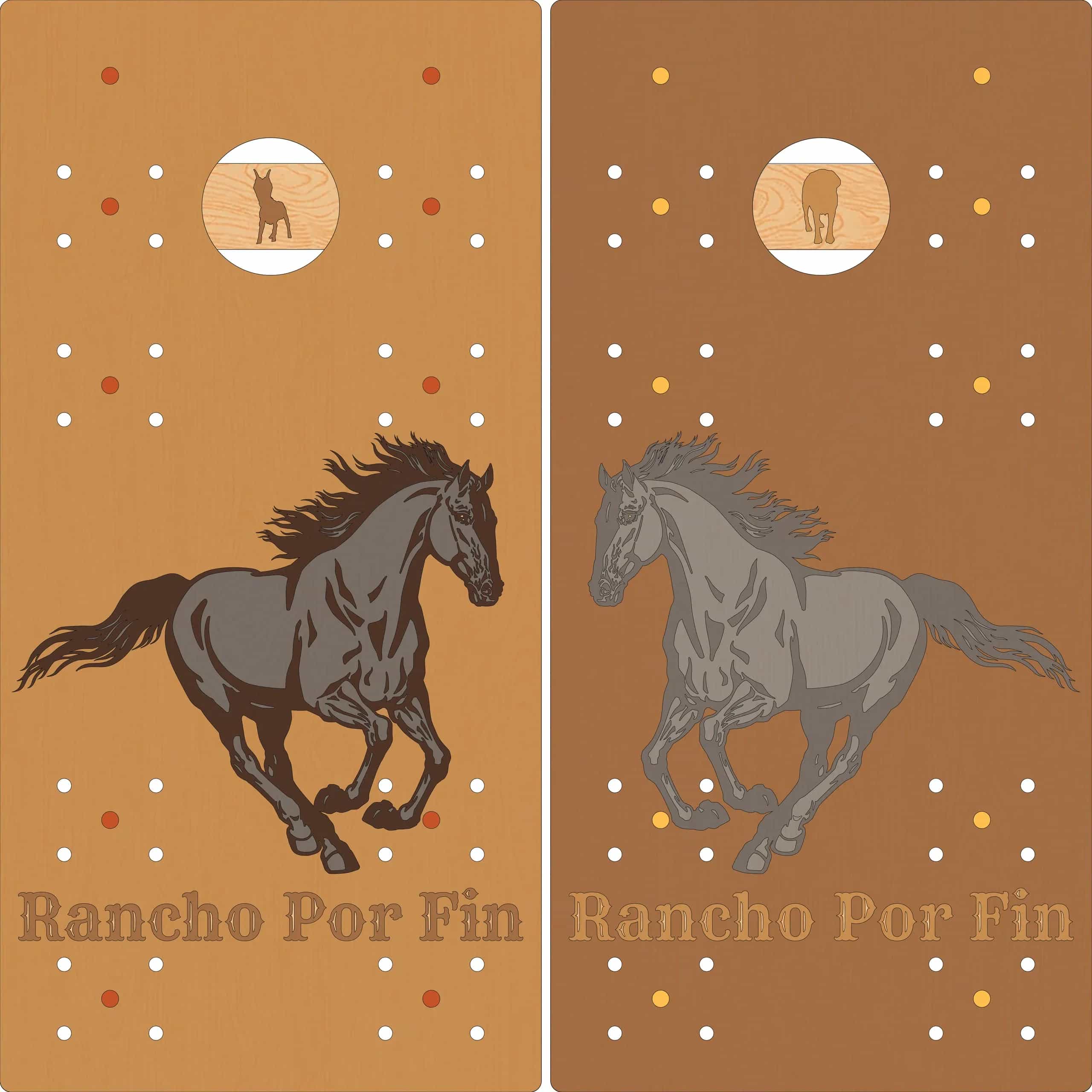 Mock-up of two YoreBoard cornhole board designs with hand-stained running horse graphics and 'Rancho Por Fin' text.