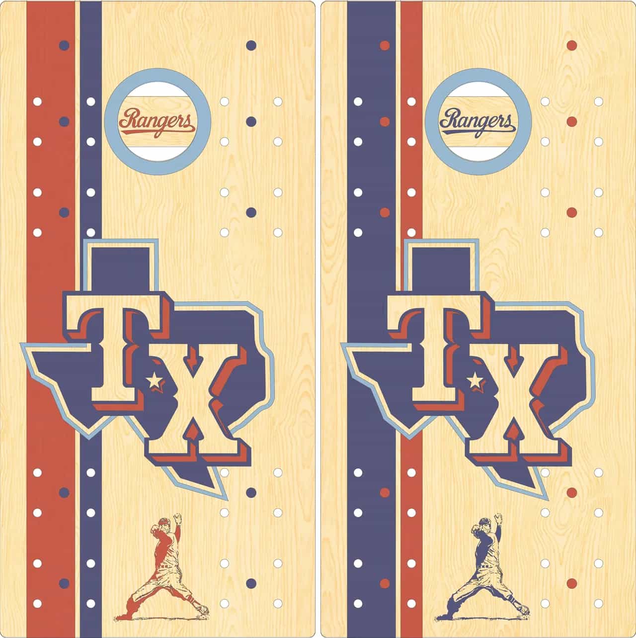 Mock-up of a pair of YoreBoard cornhole boards showcasing detailed hand-stained Texas Rangers baseball team graphics, with indicators for integrated LED scoring, designed for fans.