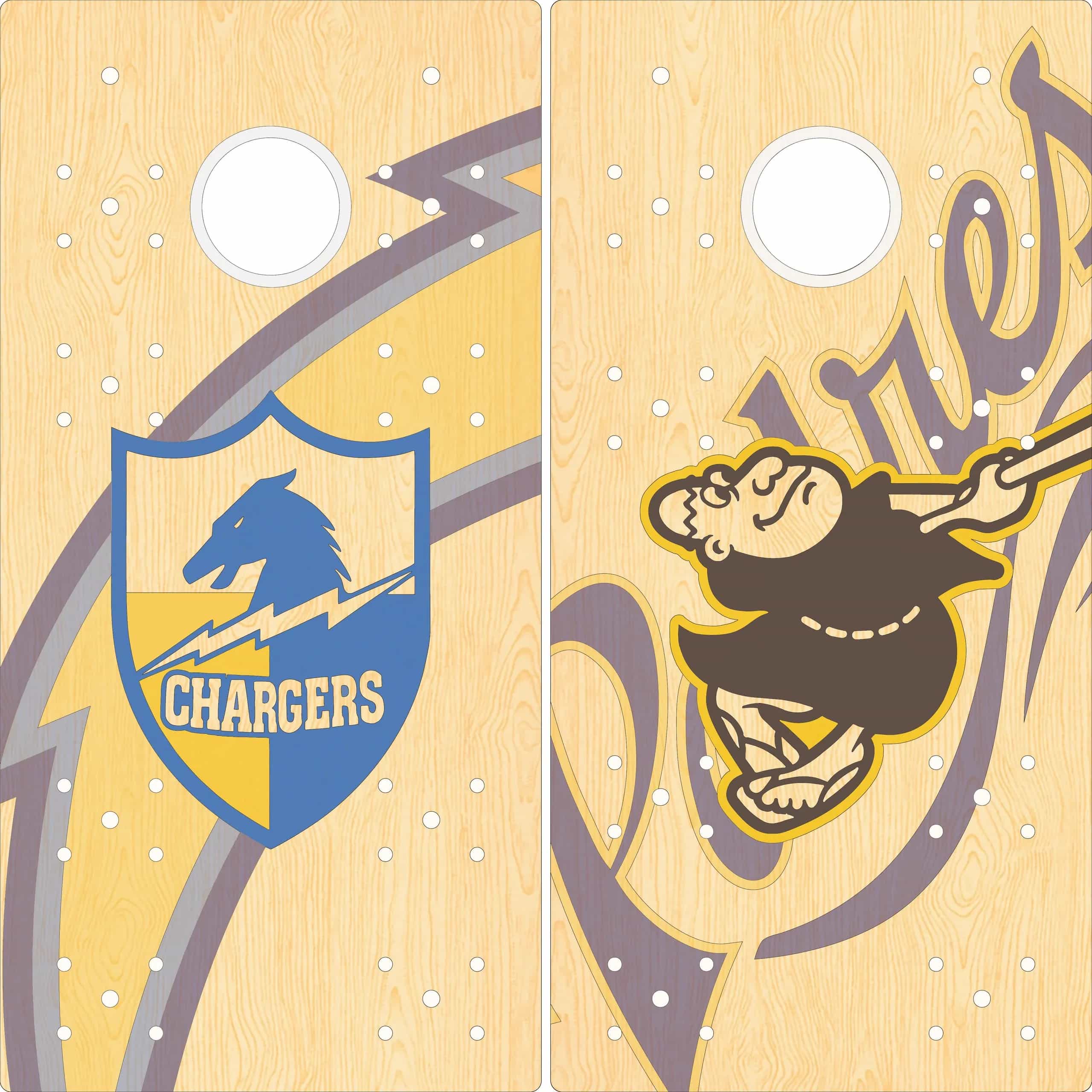 Mock-up of a pair of YoreBoard cornhole boards showcasing detailed hand-stained San Diego Chargers and Padres team graphics.