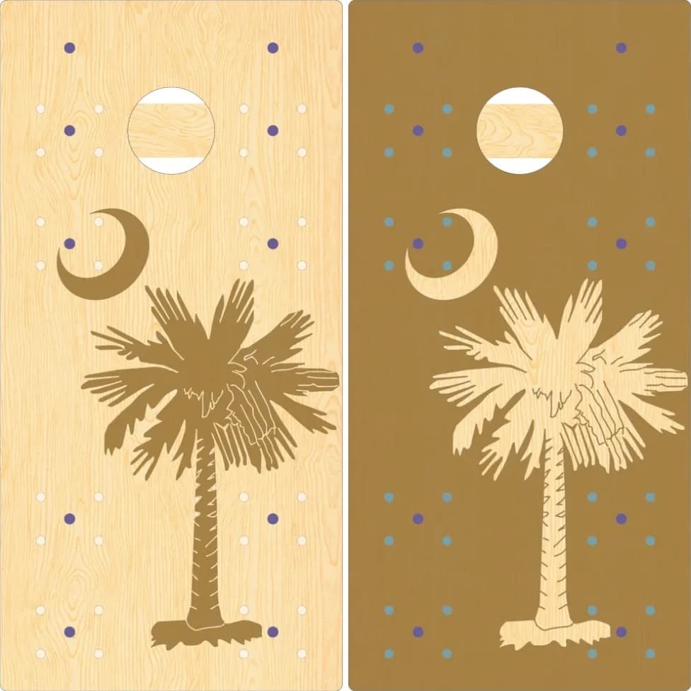 Mock-up of a pair of YoreBoard cornhole boards showcasing detailed hand-stained palm tree and moon graphics, reminiscent of the South Carolina flag.