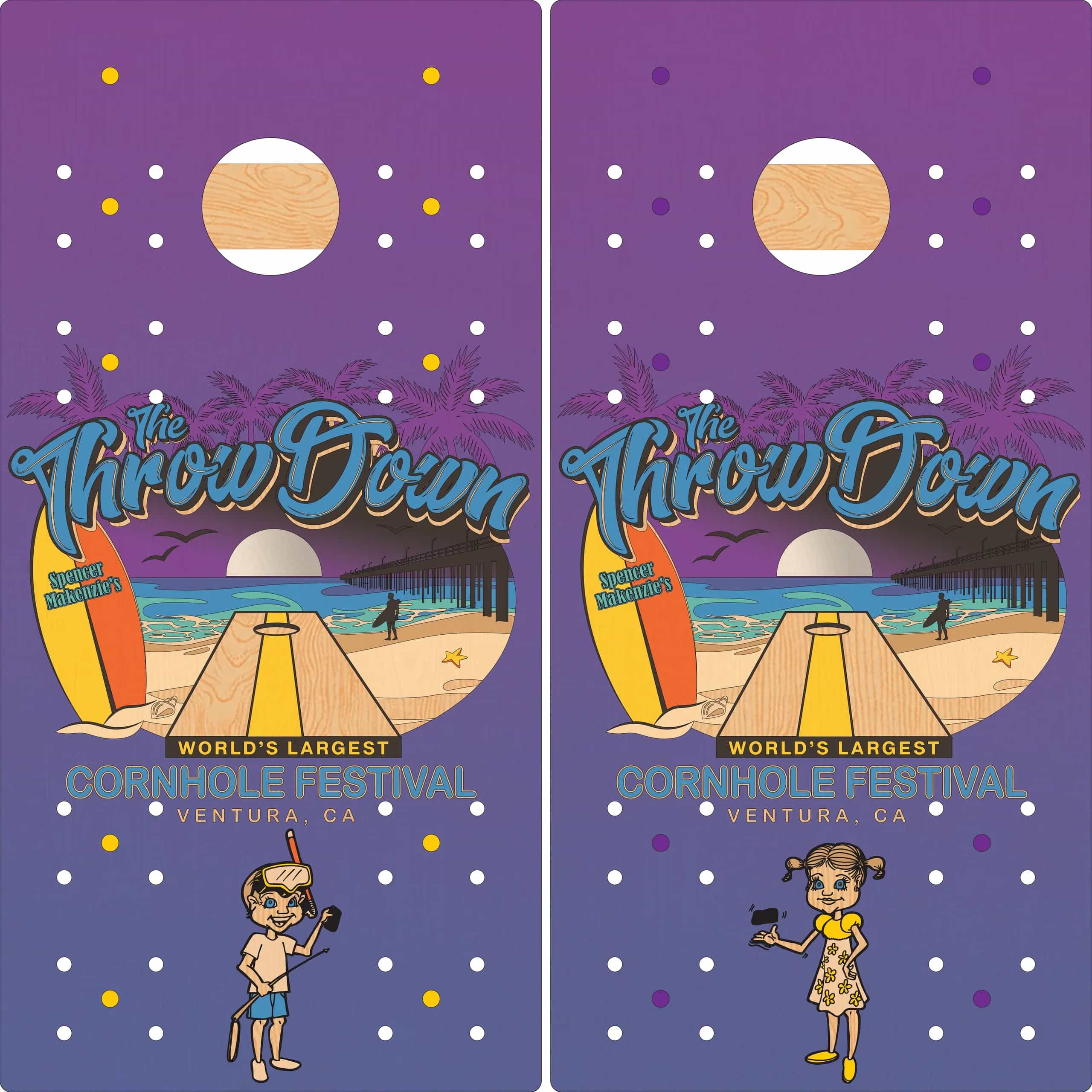 Digital mock-up of a pair of YoreBoard cornhole boards showcasing vibrant hand-stained festival artwork with a playful beach theme.