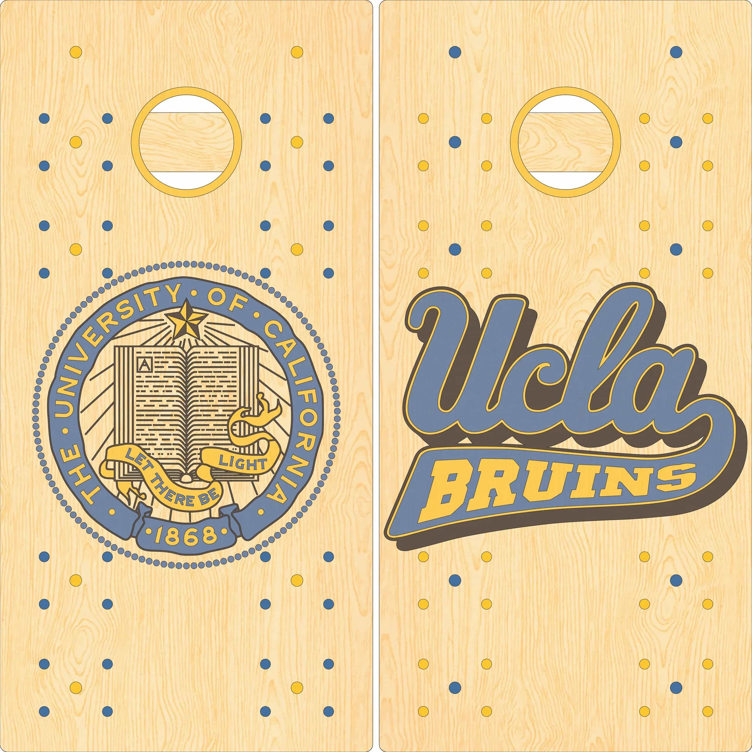 Mock-up of a pair of YoreBoard cornhole boards showcasing detailed hand-stained UCLA university graphics.
