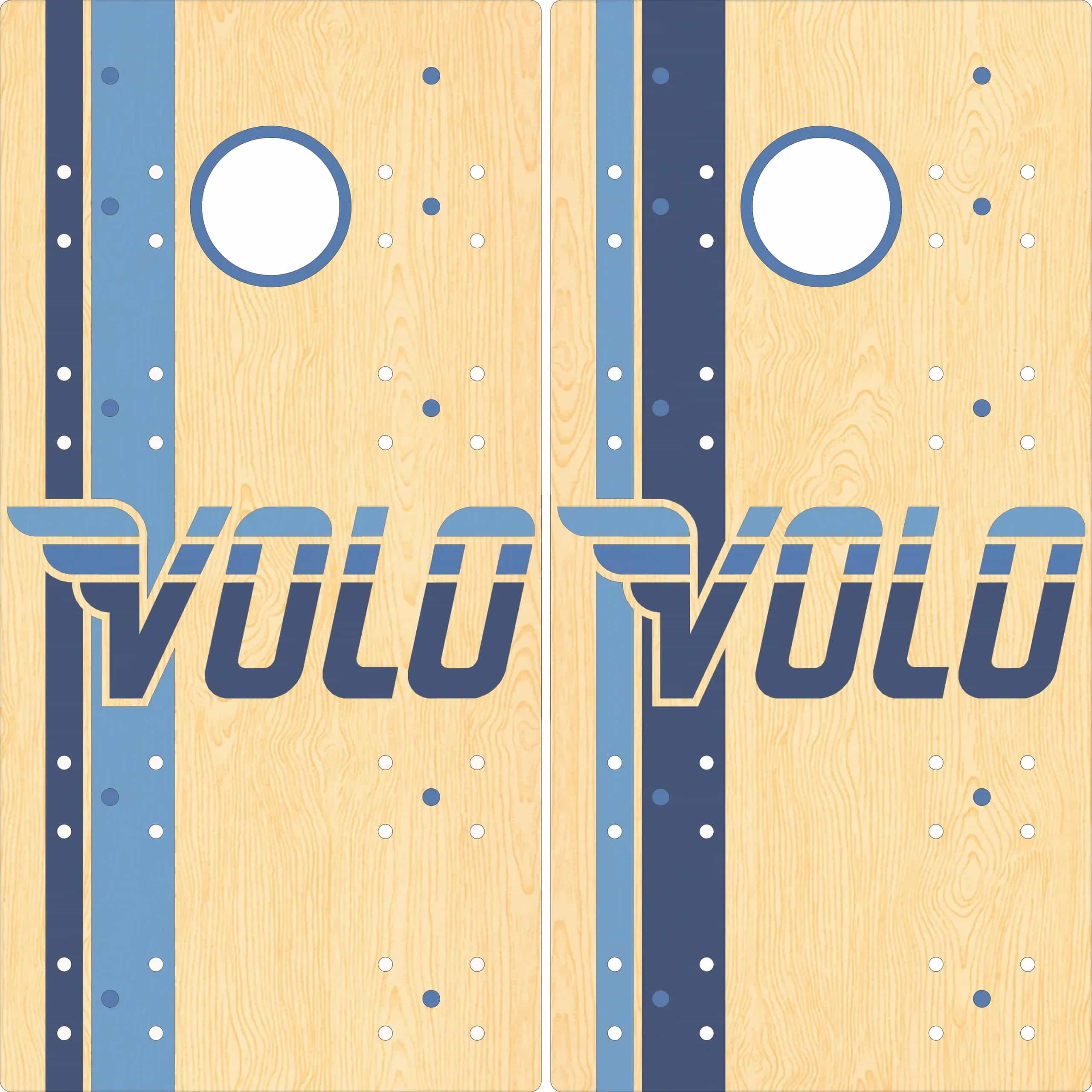 Mock-up of a pair of YoreBoard cornhole boards showcasing detailed hand-stained Volo Sports branding.