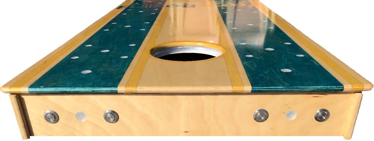 Image showing the recommended layout for the back of the cornhole board.  With buttons and last-score/ambiance LEDs.