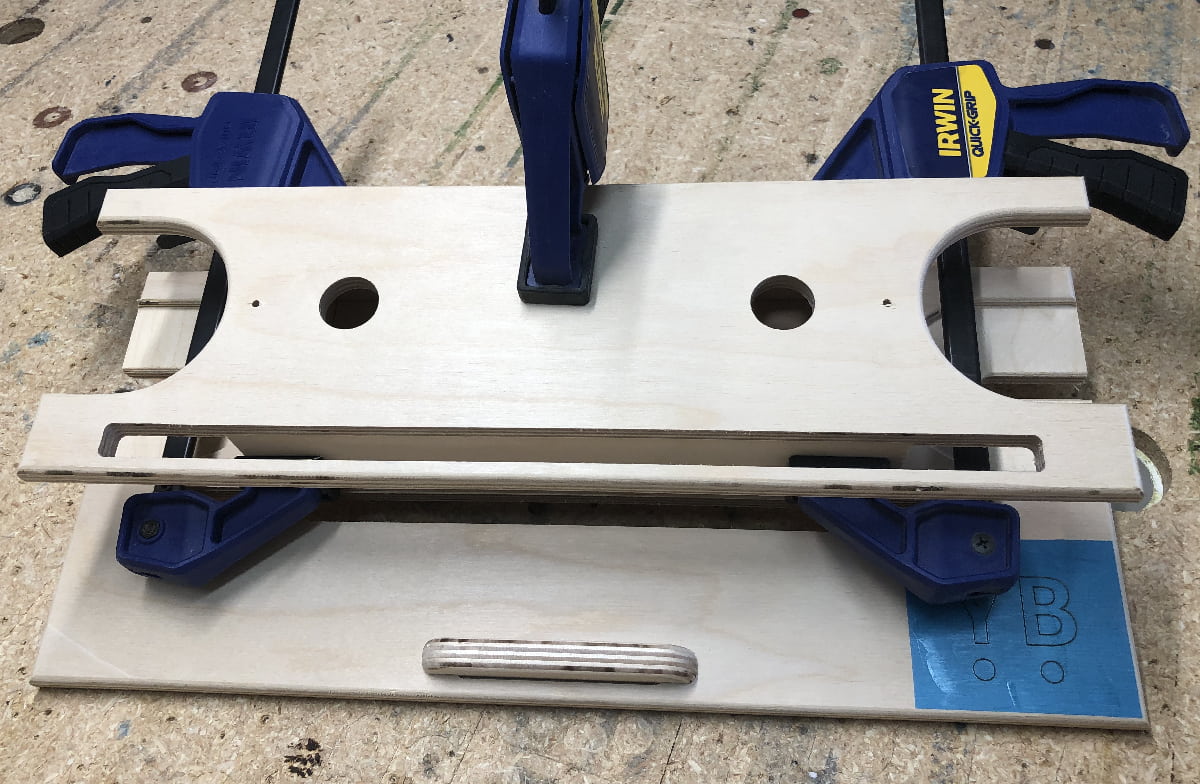 Image of YoreBoard score tower top glued up and clamped.