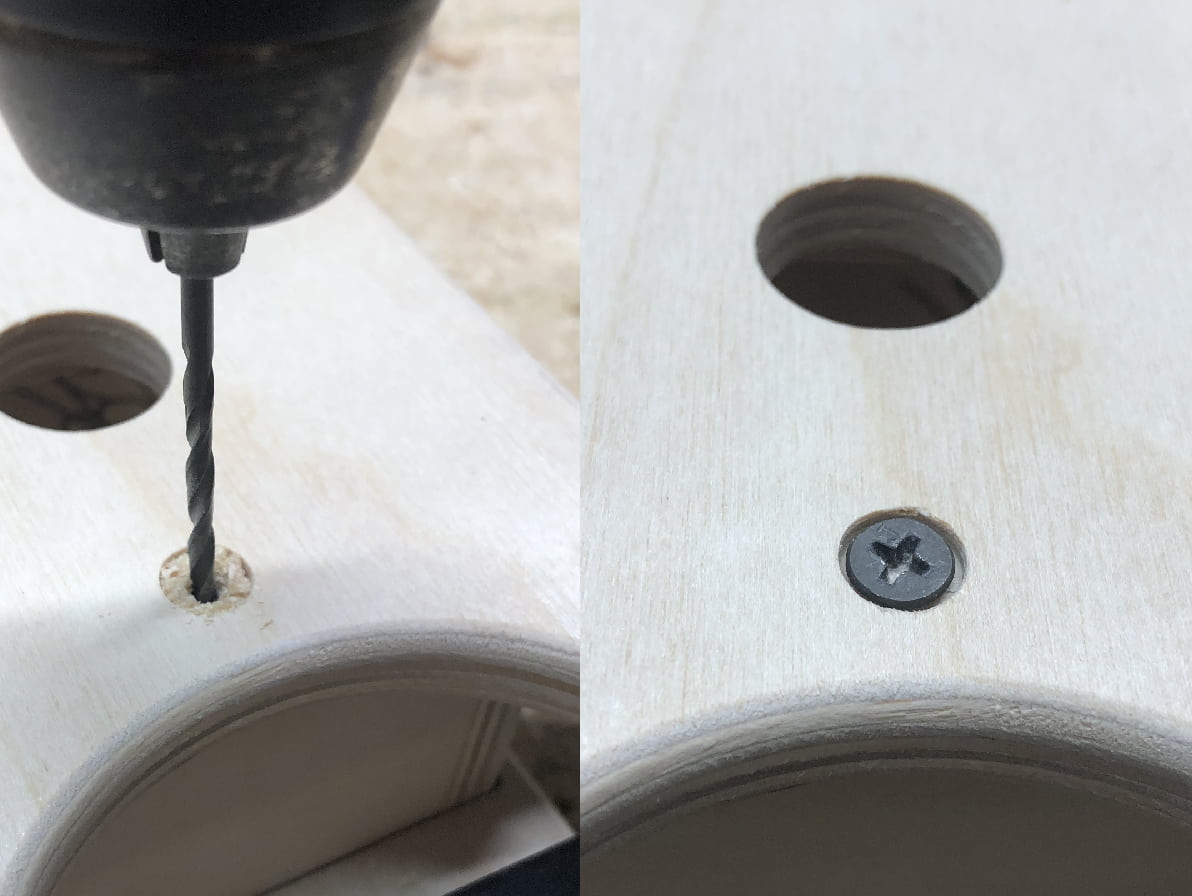 Image of pilot hole being drilling into YoreBoard score tower top.